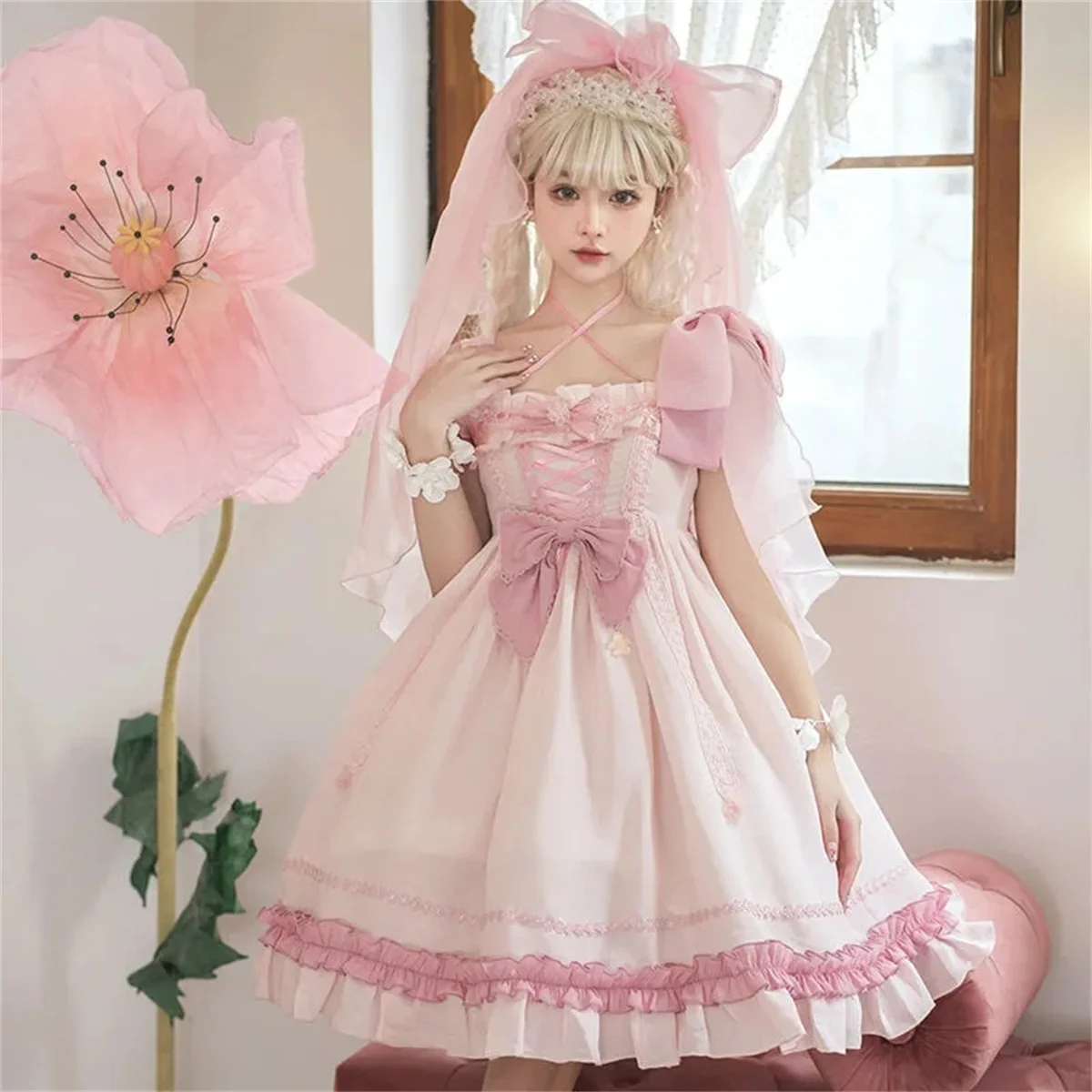 Francês doce romântico jsk lolita cosplay bonito menina conto de fadas malha laço flor sem costas babados cor sólida princesa vestido