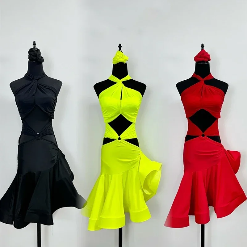

2024 New Latin Dance Dress Women Black Red Yellow Halter Dress Adult Rumba Performance Clothes Latin Competition Dress DNV20366