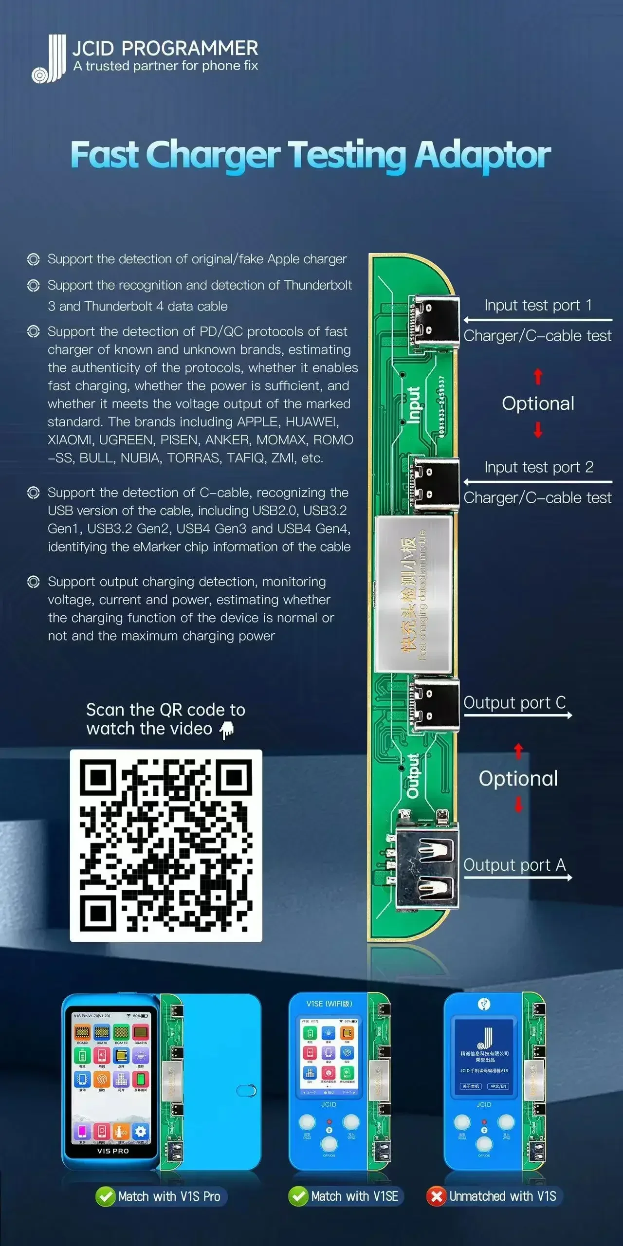 JCID V1SE/V1S Pro Fast Charger Testing Board for Identify Original/Fake for Phone Charger Detecting Test Fast Charging Function