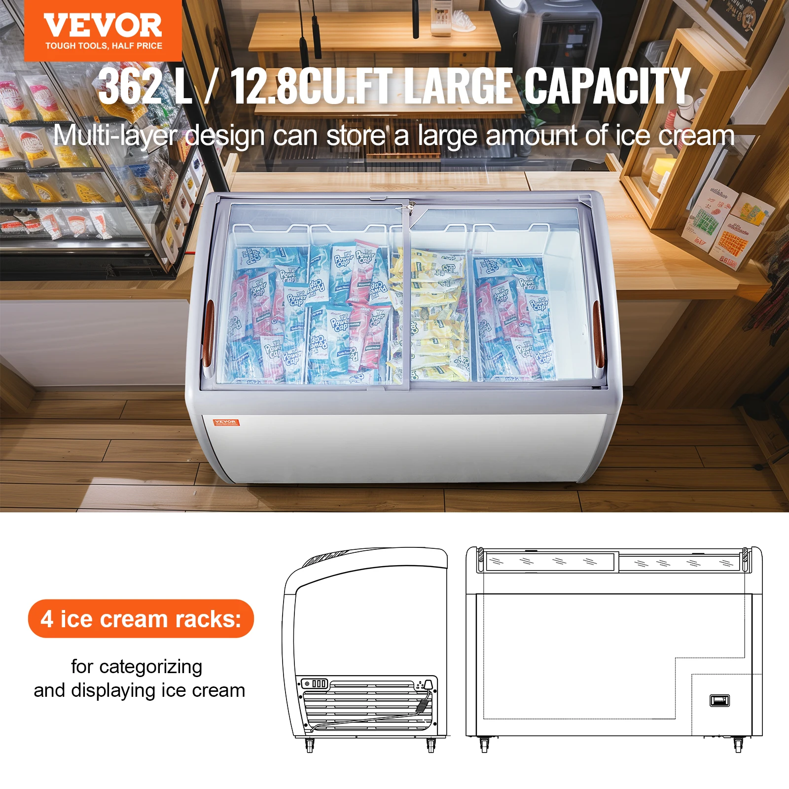 VEVOR Commercial Ice Cream Display Case,12.8 Cu.ft Chest Freezer,Mobile Glass Top Deep Freezer,Restaurant Gelato Dipping Cabinet