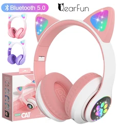 Auriculares inalámbricos con Bluetooth para niñas y niños, Lindos auriculares inalámbricos con orejas de gato y chicas luminosas,audífonos brillantes con micrófono incorporado,regalos para navidad