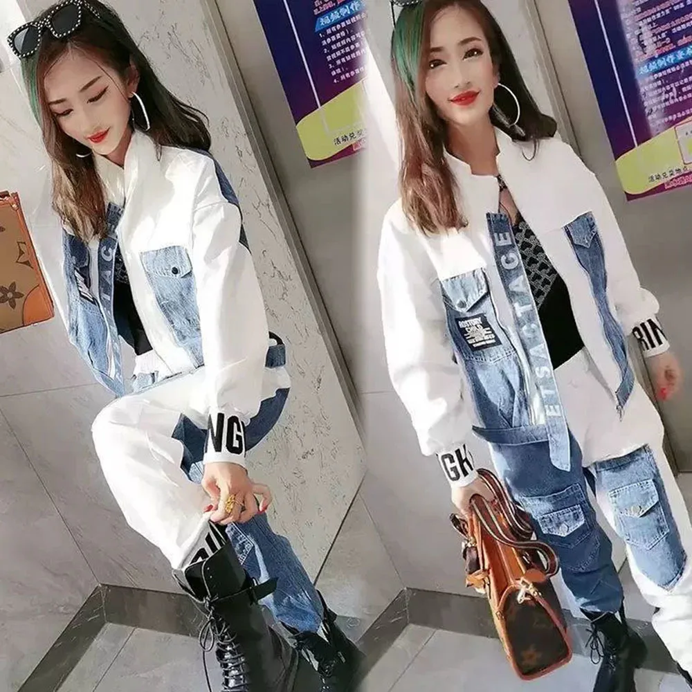 2023 Autumn Denim Splice Fashion Suit Women\'s Loose Oversized Jacket Pencil Pants Two Piece Sets S-6XL All-match Trousers Suits