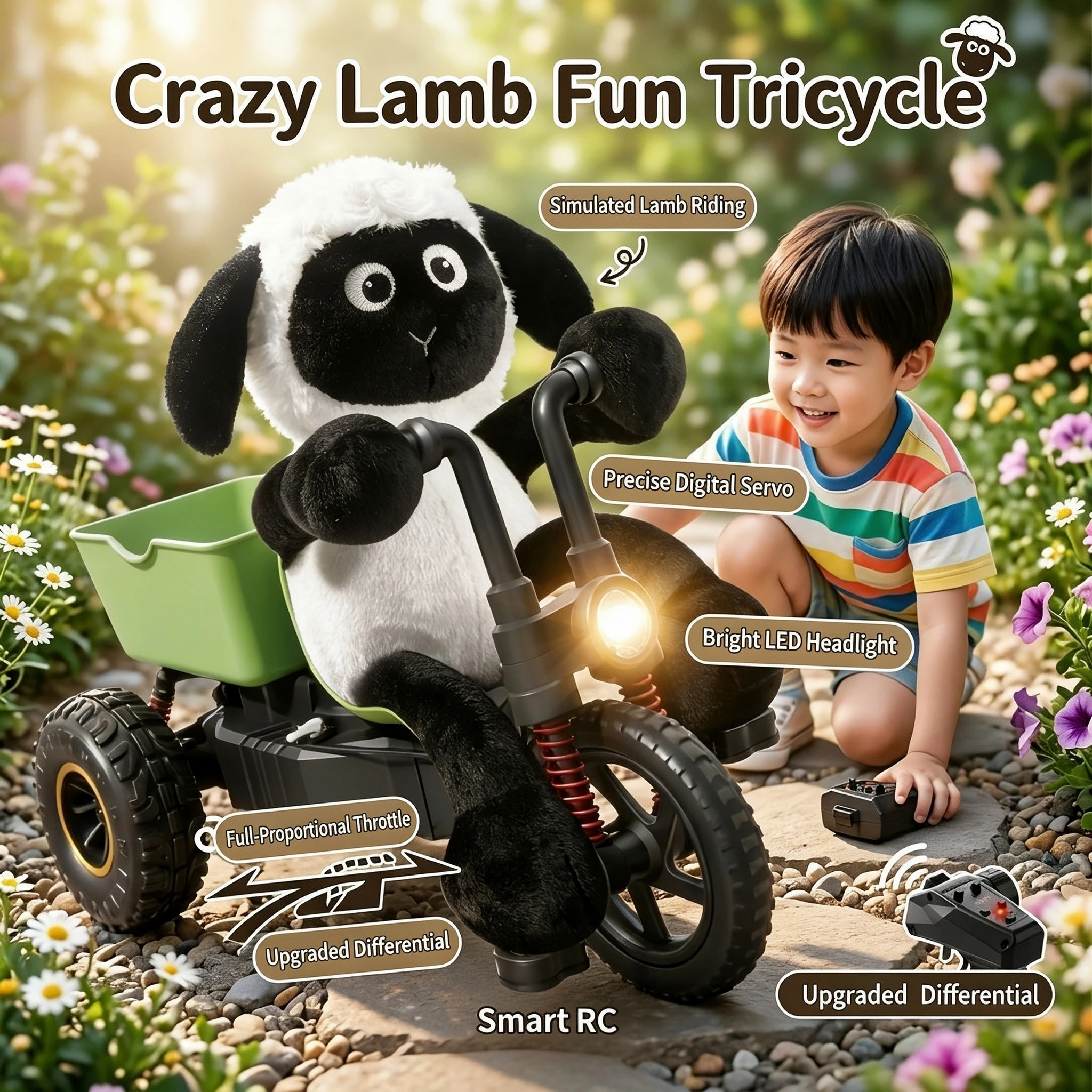 RC Sheep Trike Toy, Precision Digital Servo and Full Proportional Throttle, Upgraded Kids' Remote Control Car, Boy's Gift