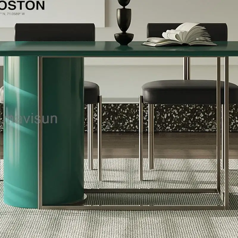 Simple Dining Room Set Grade Density Board And Stainless Steel Combination Table Base Rectangle Table With Baking Lacqer Desktop