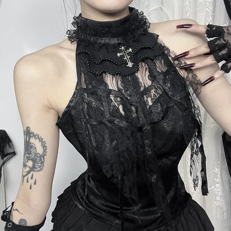 Goth Dark Harajuku Fashion Streetwear Sleeveless Lace Patchwork Women Tanks Tops Cyber Y2K High Neck Slim Vest Alt Gothic Cloth