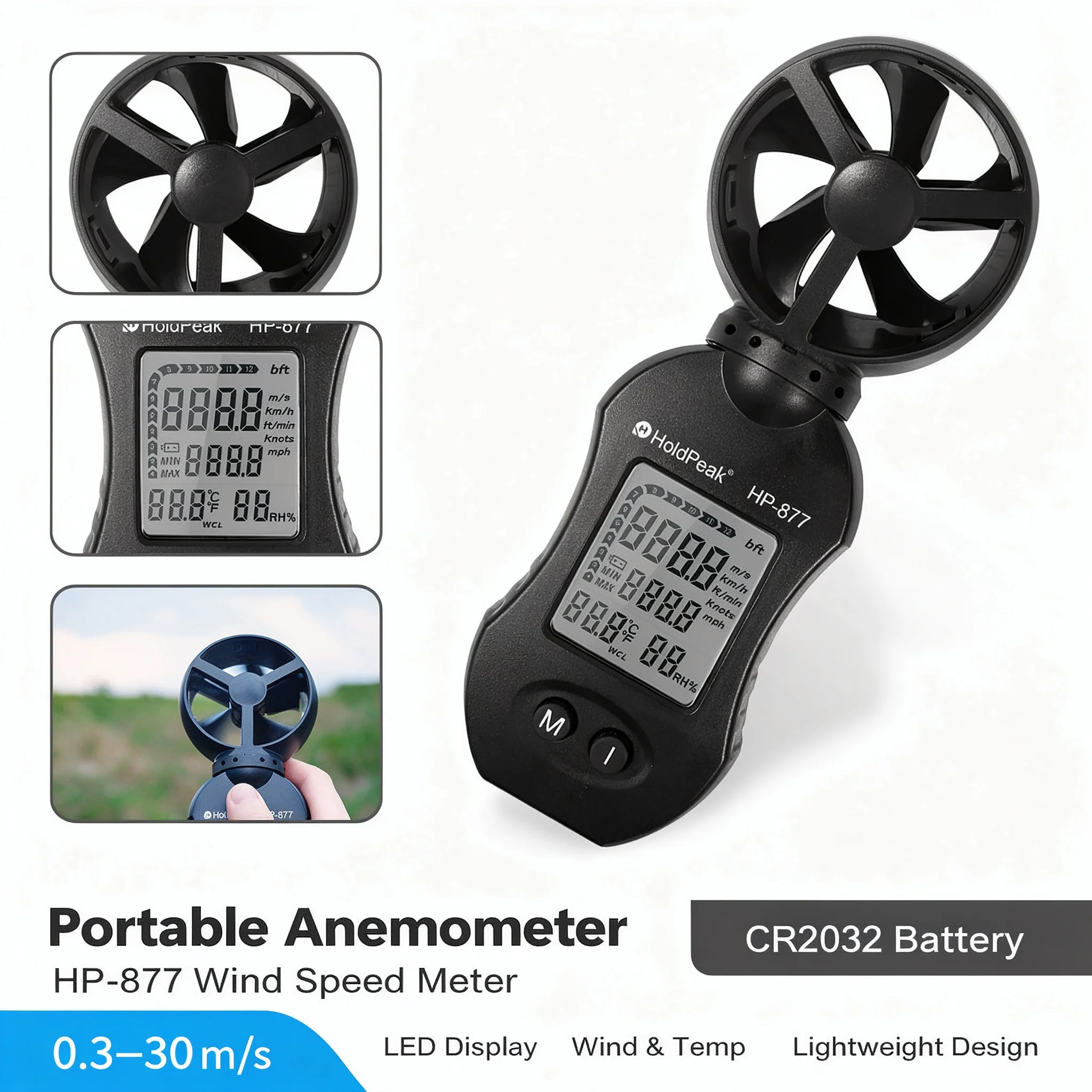 Mini Digital Anemometer Wind Speed Meter Temp Humidity Tester 5 Units Max/Min with Tripod Hole for Drone Flying Sailing HVAC