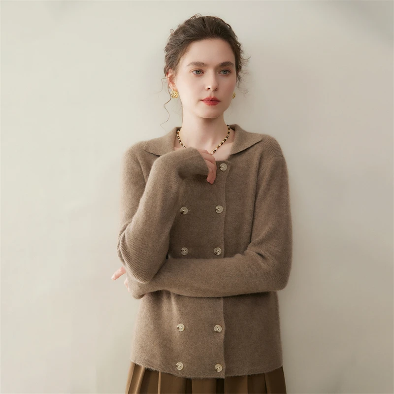 เสื้อสเวตเตอร์แคชเมียร์สำหรับผู้หญิง ฤดูใบไม้ร่วง ฤดูหนาว แบบกระดุมสองแถว ปกพับ คอปกแบบเรโทร ผลิตจากแคชเมียร์ 100% เสื้อถักสำหรับสุภาพสตรีทำงาน