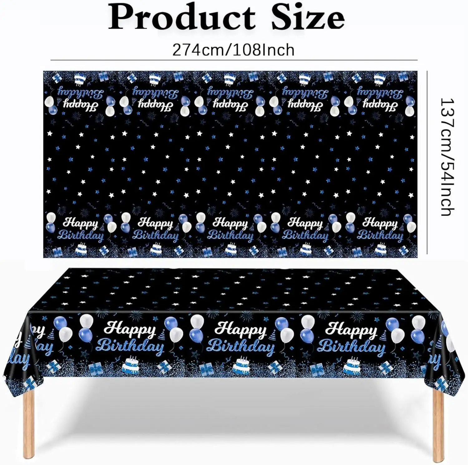 1 Pack Blue Black Birthday Party Supplies Tablecloth Wipeable 54 x 108 Inches Happy Birthday Waterproof Plastic Table Covers