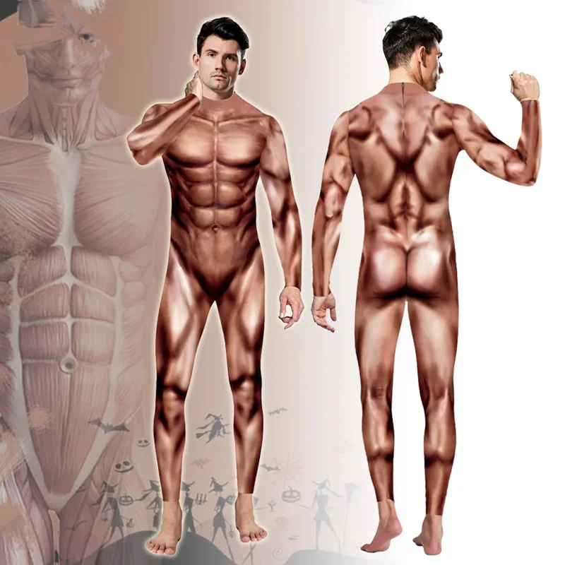 Men Muscle 3D Print Cosplay Jumpsuit Long Sleeve Halloween Party Costume Bodysuits Performance Catsuit Zentai Suit OI8647