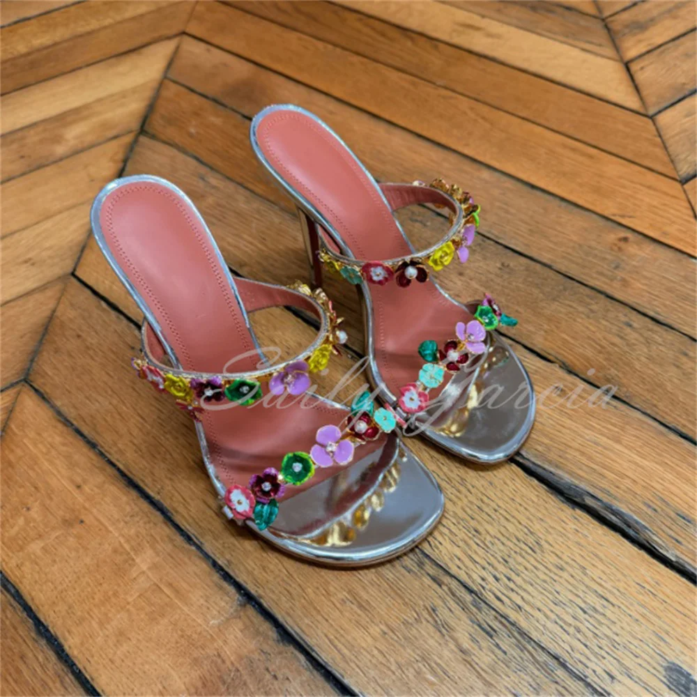Silver Mirror High Heel Slippers Multicolor Flowers Appliques Stiletto Heel Slingback Slip On Luxury Handmade Party Dress Mules
