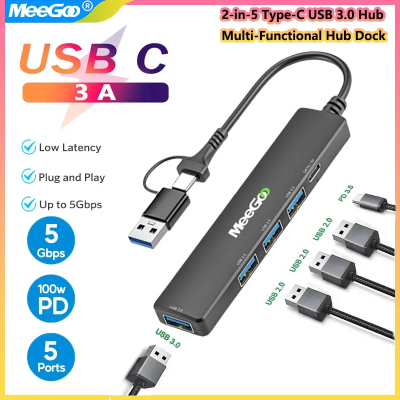 MeeGoo 2 in 5 USB HUB 5Gbps Ethernet to USB C Adapter Docking Station USB Type C to HDMI HUB 4K PD 100W USB3.0 Extencion 5 Ports