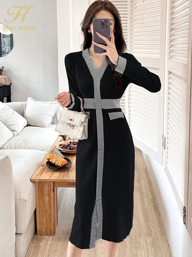 H Han Queen Autumn Winter Women Color Clash Simple Vintage Dresses Office Casual Dress Elegant Slim Bottoming Knit Midi Vestidos