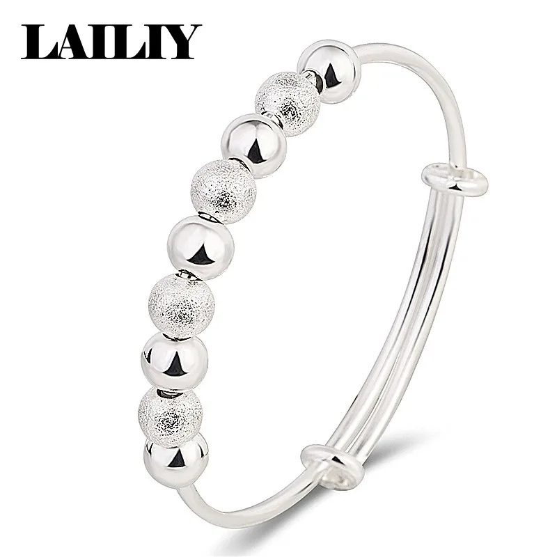 LAILIY925 Sterling Silver Push Pull Nine Spinning Adjustable Round Bead Bangle for Women Fashion Jewelry