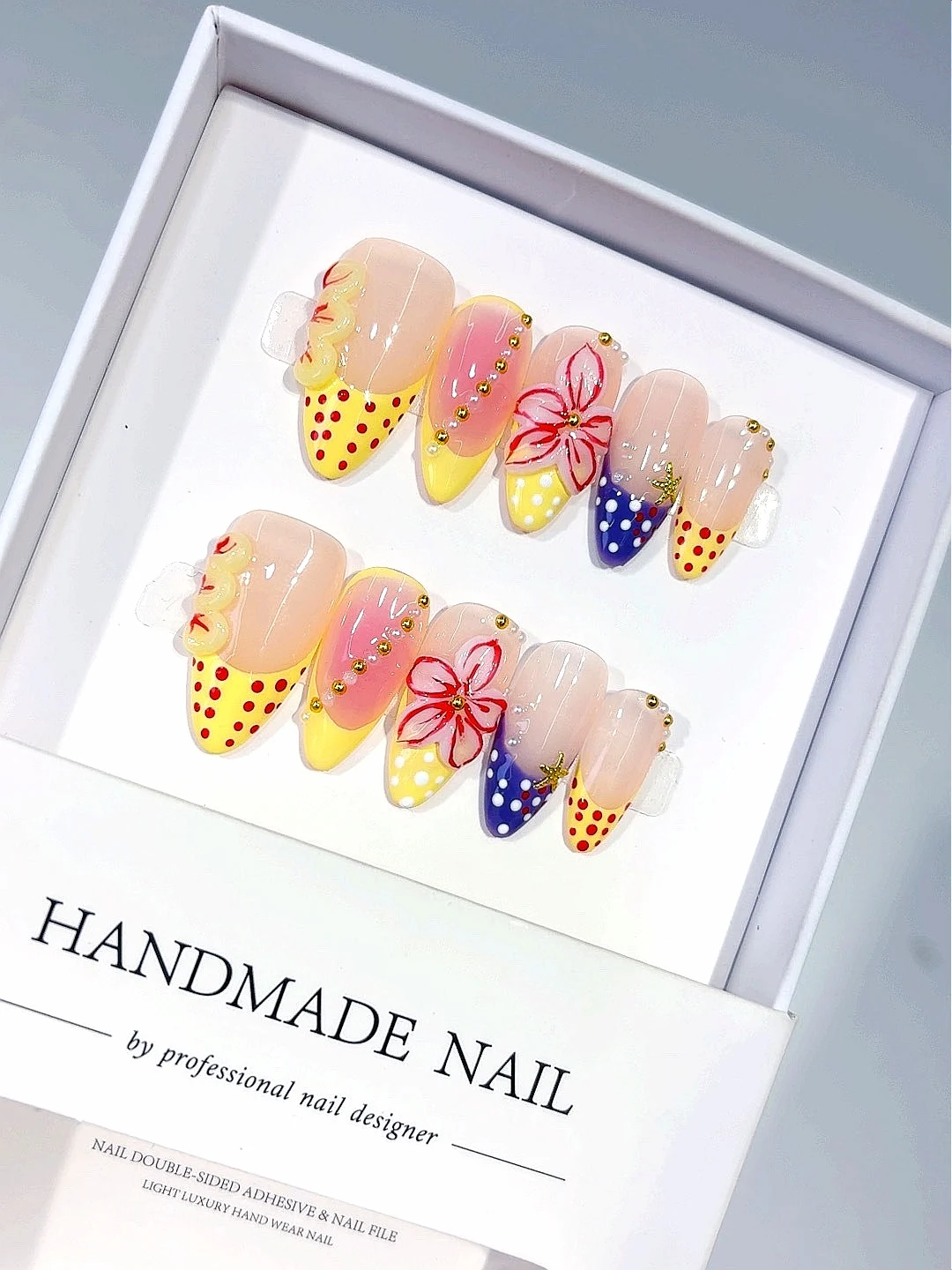 

Pastel Nude & Yellow Polka Dot Press on Nails - 3D Red Flower Starfish Gold Accent False Nails Handmade for Women（D603）