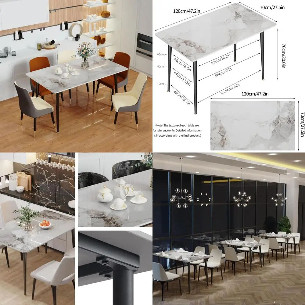 

White Sintered Stone 6-Seater Dining Table, 47.2 x 27.5 with Metal Legs for Kitchen and Dining Room