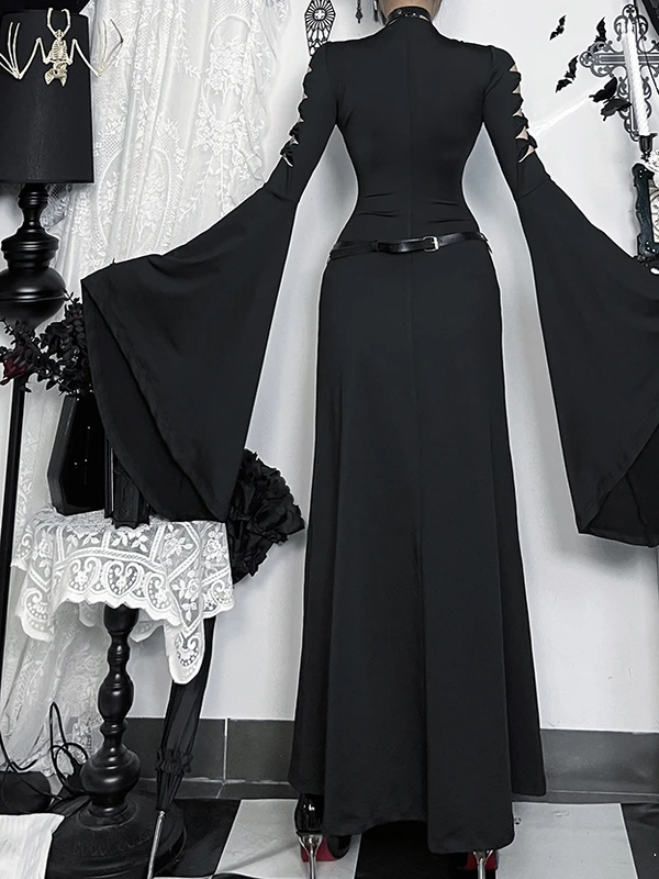Americano retro escuro gótico traje de halloween subcultura oco alargamento manga cintura alta bodycon fenda preto longo sexy vestido feminino