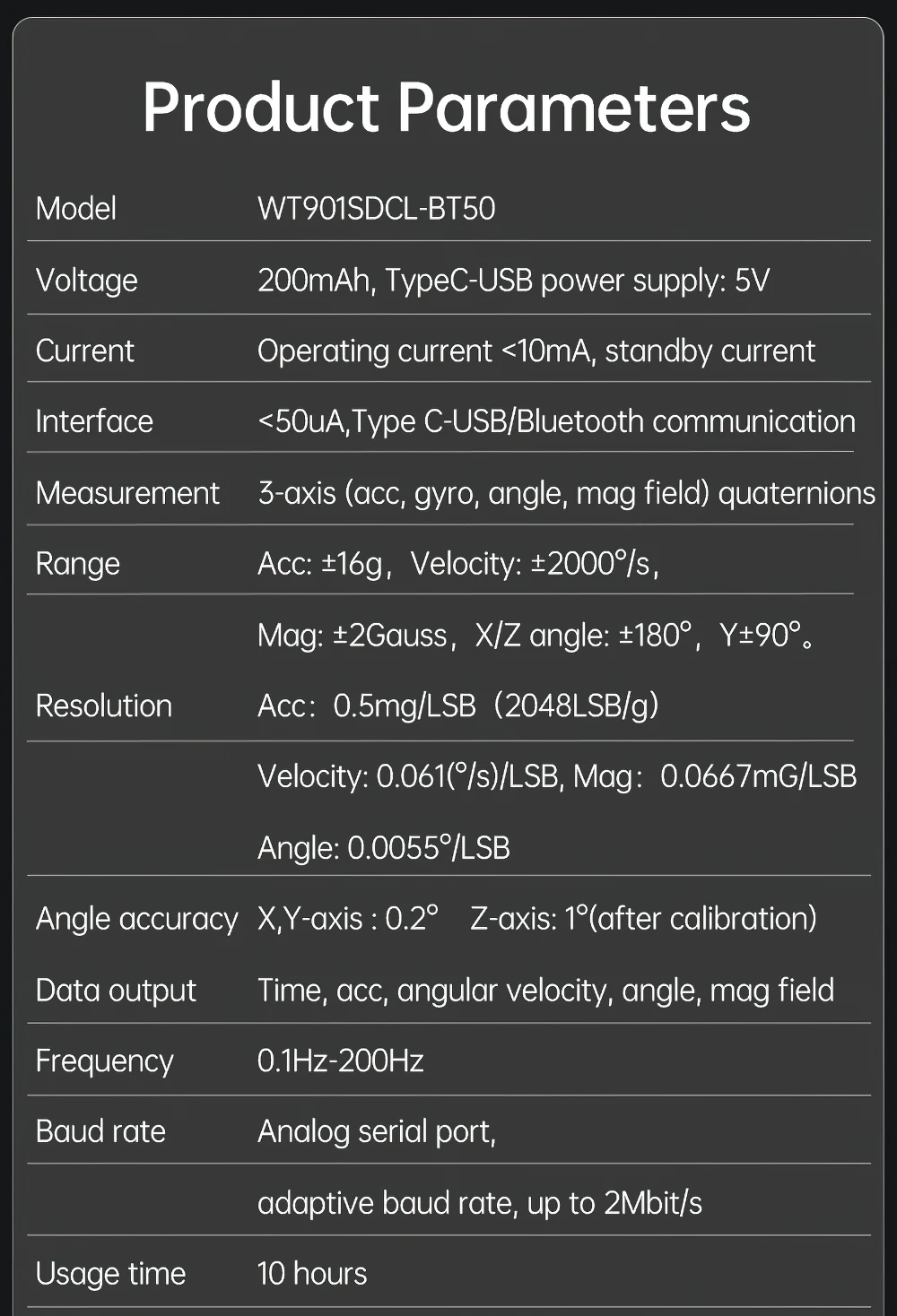 WT901SDCL-BT50 Bluetooth remote reading SD card Low-Power Accelerometer, 9-axis Gyroscope+Angle(XY 0.05° Accuracy)+Magnetometer