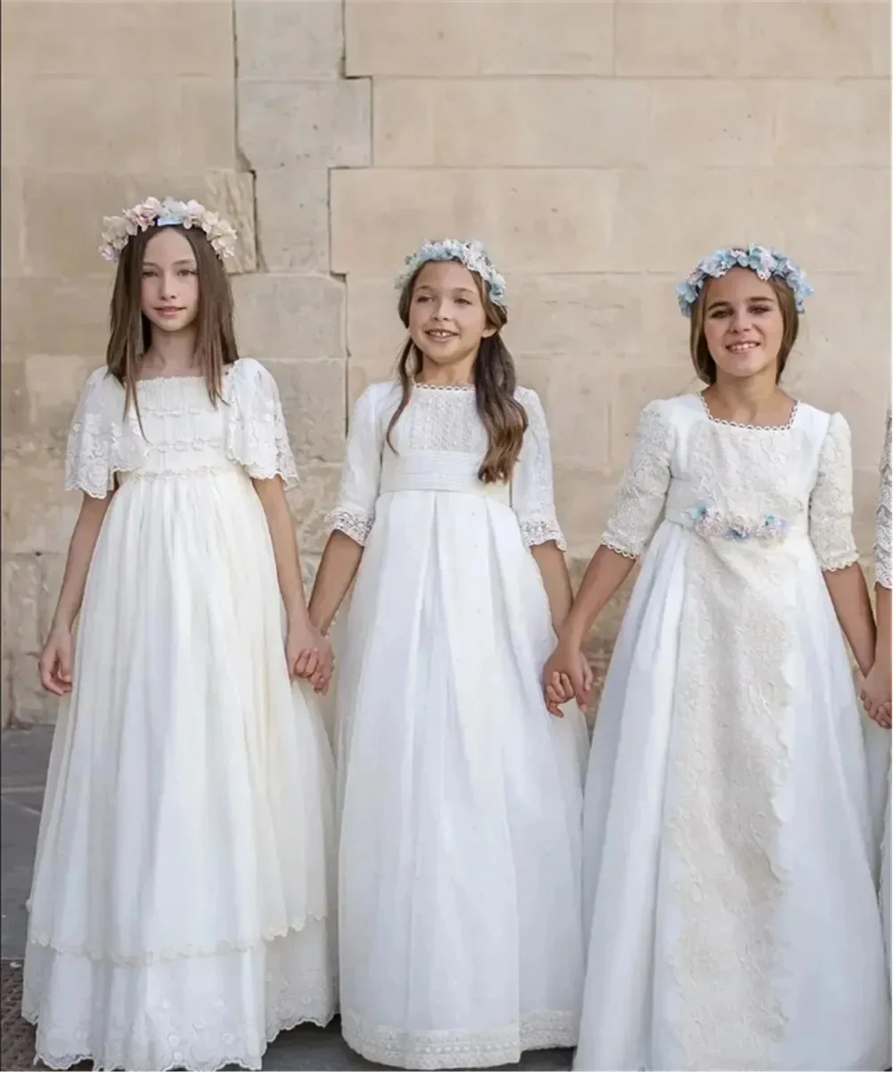 Einfach weißes, individuelles Blumenmädchenkleid für die Hochzeit, hohe Taille mit Tüllschleife, Kindergeburtstagsfeier, Erstkommunionkleid