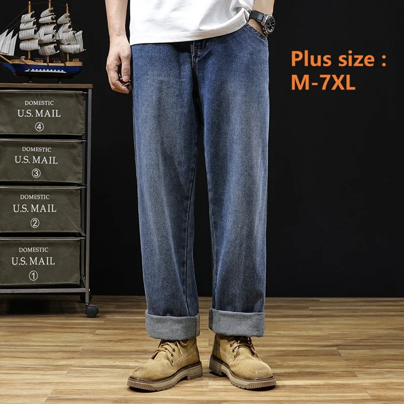 Celana panjang Denim pria, Jeans longgar elastis lurus kaki lebar ukuran besar 6XL 7XL hitam kasual musim panas musim semi