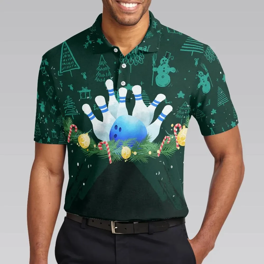Christmas Bowling Polo Shirt, Tree Design, All-over Print, Holiday Lane Tee, Bowling Pin Wreath Ornament, Xmas Bowler Gift,