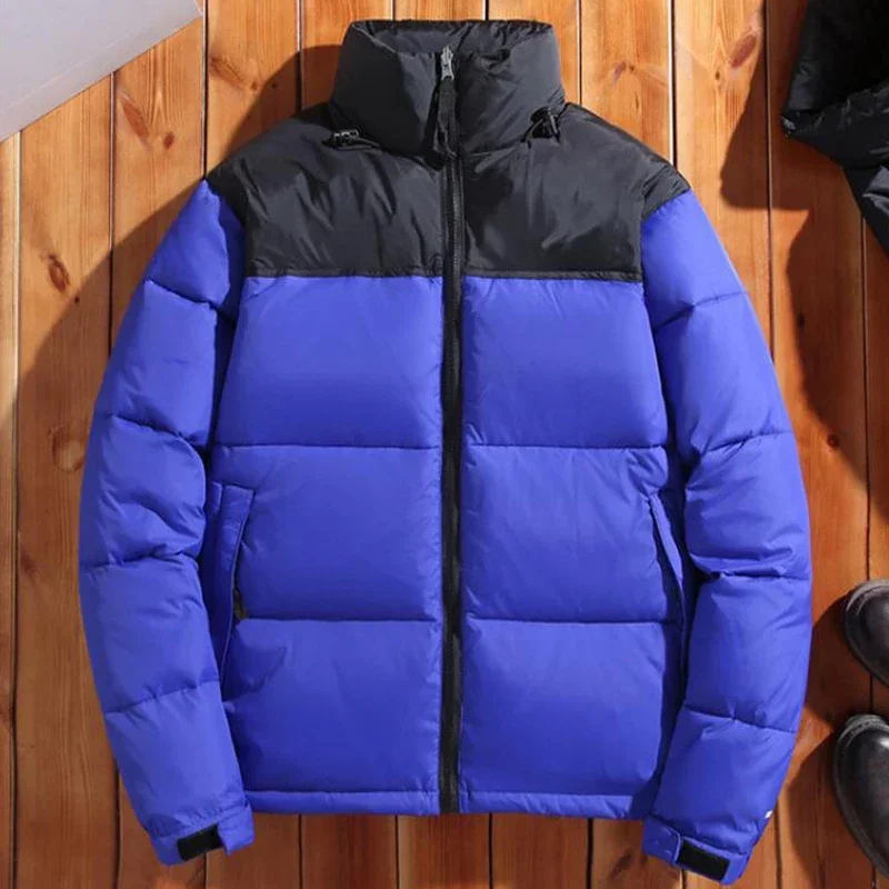 Parkas de marca americana de invierno, abrigos de algodón de colores mezclados para parejas, chaquetas acolchadas cálidas con cuello levantado informal, abrigo de marca superior para hombres