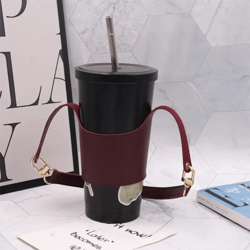 Portable Design Leather Cup Cover PU Carrying Strap Cup Holder Universal Fit Insulating Function Water Bottle Sleeve Travel Use