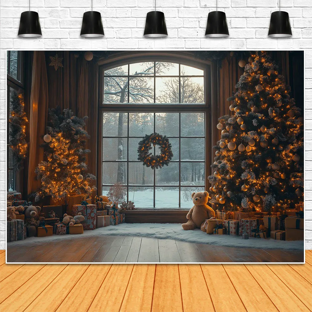 Mocsicka Christmas Backdrops for Photography Snow Forest Outside The Window Winter Xmas Tree Bear Doll Children Photo Background