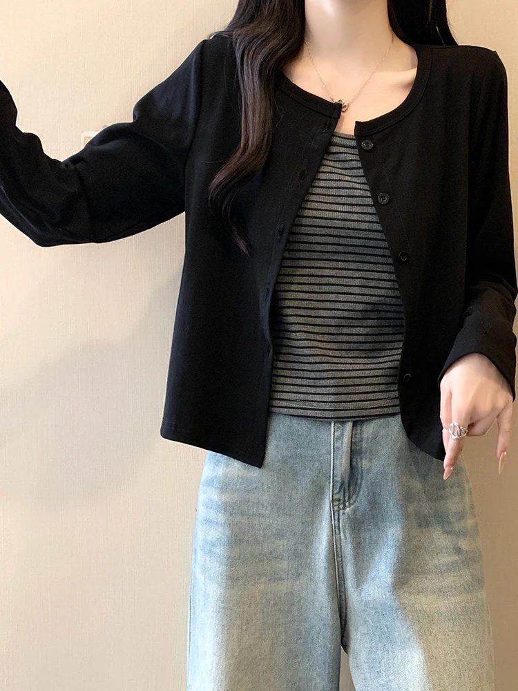 

plus Size Fashionable Striped Tank Top And Long Sleeve Open Cardigan Set Early Autumn Slimming Outerwear Women's Korean Style