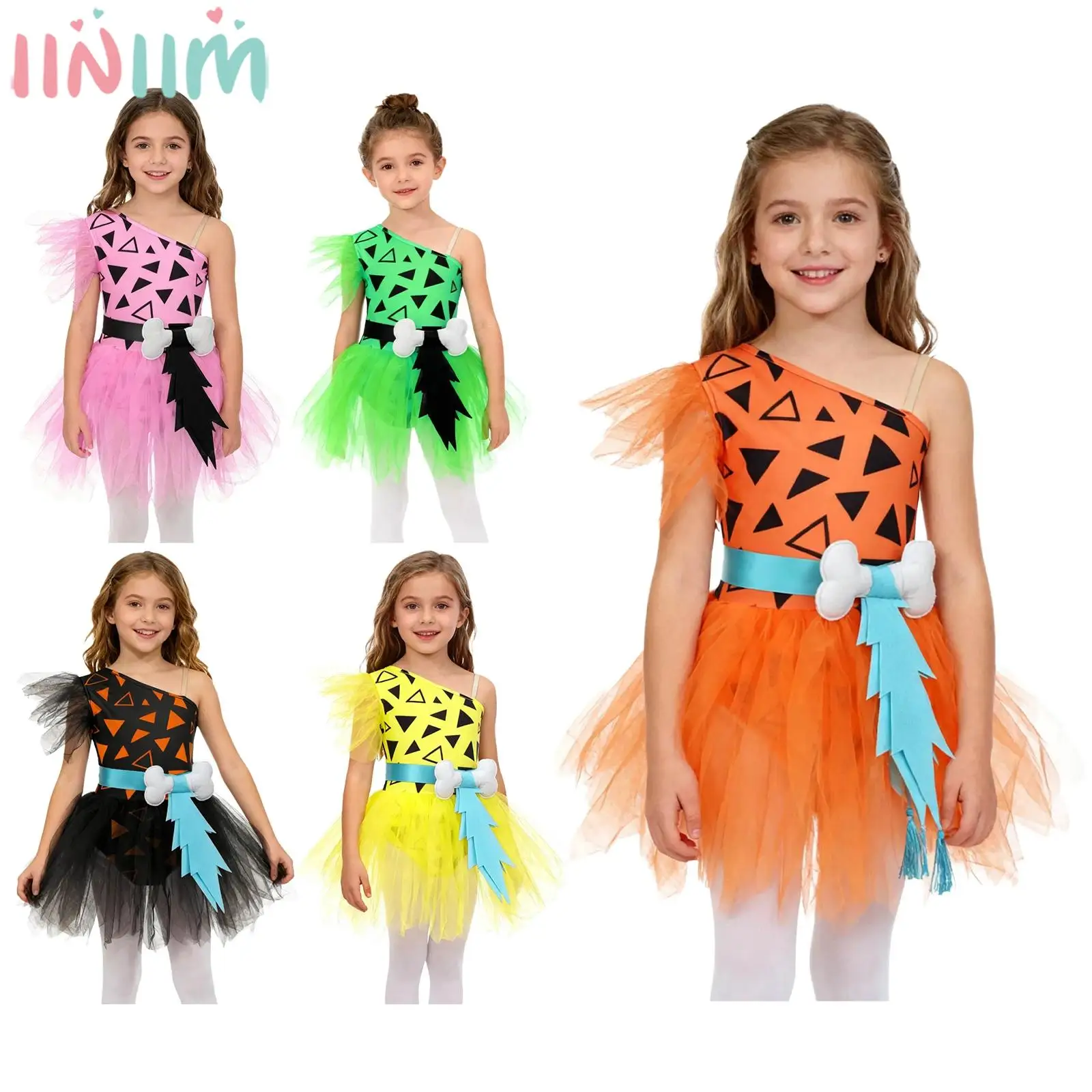 Girls Halloween Carnival Caveman Flintstone Primitive Tribe Cosplay Costume Cavegirl Dress Dance Tutu Leotard with 3D Bone Belt