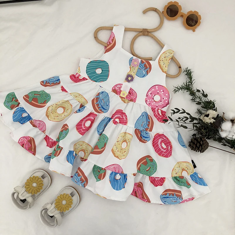 

Summer Girls Korean Version Halter Dress Sleeveless Dress Girl Suspender Fluffy Dress Baby Donuts Cartoon Printed Beach Dress