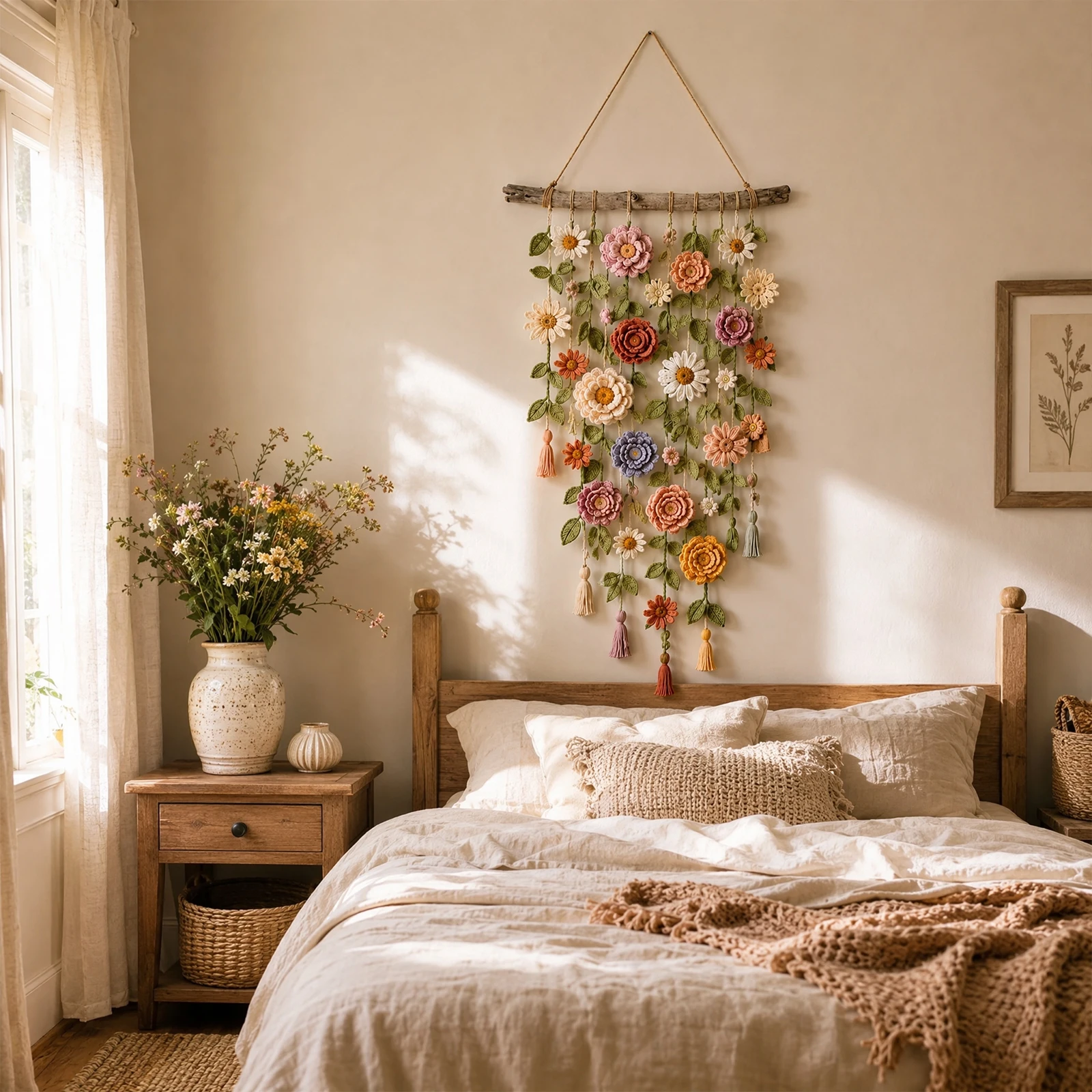 Macrame Wall Hanging - Handmade Cotton Floral Crochet Macrame Hanging