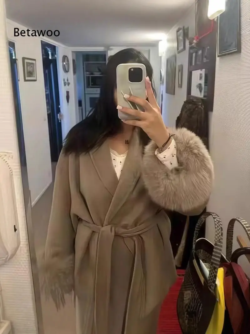 Women's Winter Faux Fur Trim Belted Wrap Coat, Long Sleeve Solid Color Warm Outerwear Jacket with Cuff Details for Cold Weather