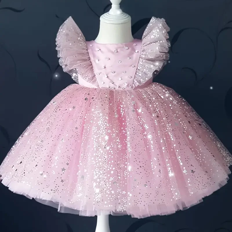 

Baby Girls Flying Sleeves Bow Star Sequins Princess Dress For Toddler Formal Banquet Baptism Birthday Party Puffy Ball Gown 0-5Y