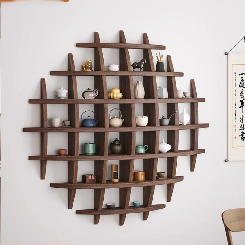 Wall-mounted solid wood Chinese wall-mounted teacup rack Wall Duobao Pavilion lattice rack rack