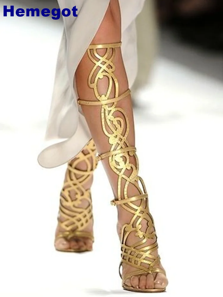 

Gold Sexy Catwalk Women Roman Sandals 2024 Summer Hollow Over-The-Knee Street Stage Model Long Boots Open Toe Party High Heels