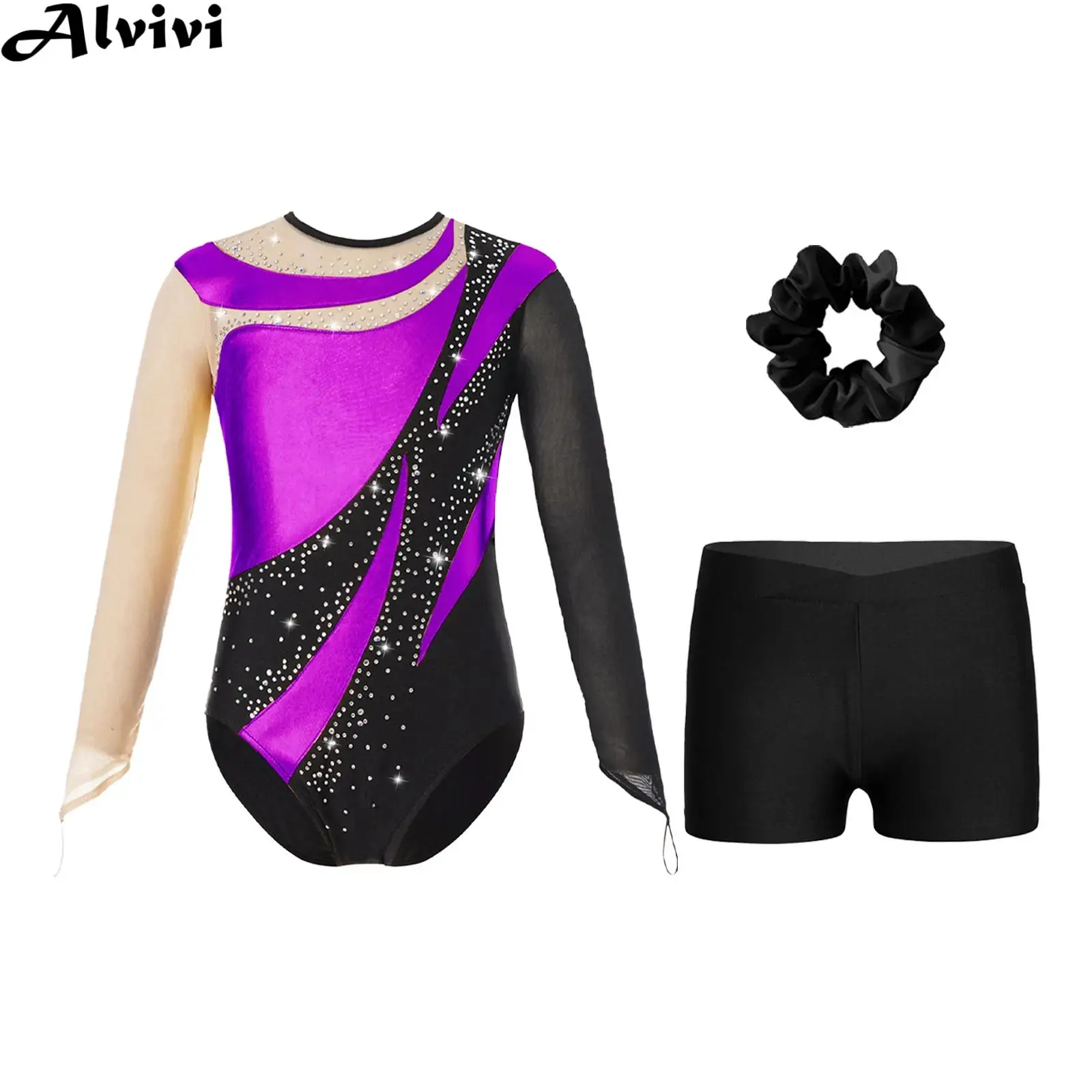 Children Girls Ballet Dance Skating Leotard Long Sleeve Bodysuit with Shorts Headband Dancewear for Gymnastics Acrobatics Yoga