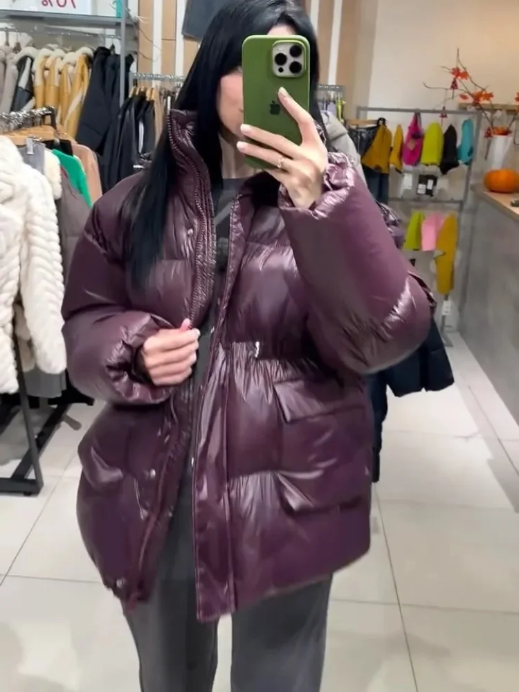 Burgundy Down Jacket Women Belts Cotton Single Breasted Zipper Warm Coat Female 2025 Winter Pocket Long Sleeve Lady Outerwear