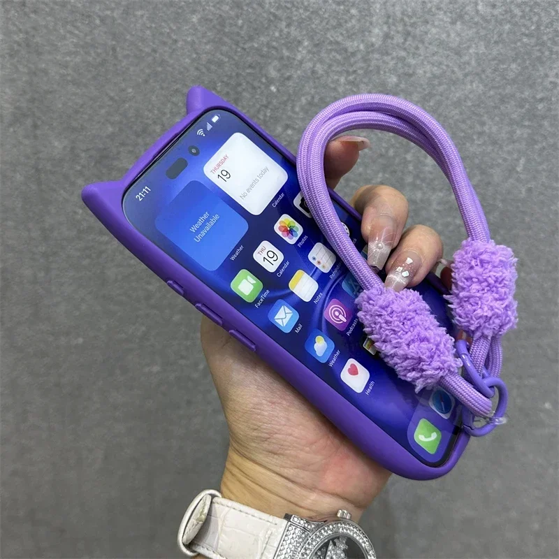 Cartoon 3D Cat Ear Lanyard Case For iPhone 17 Pro Max 12 13 14 15 16 Pro Max Plus 13 Mini 11 Wristband Clear Soft Border Cover