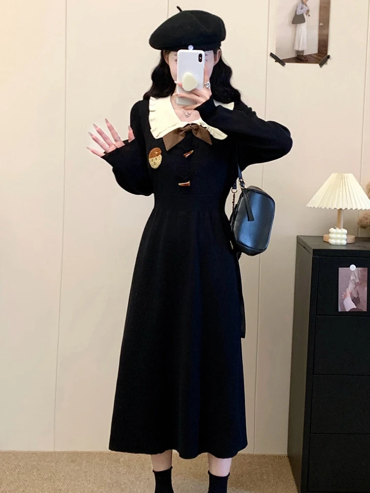 فستان نسائي كاجوال لربيع 2026 بأكمام طويلة وياقة دمية، تصميم نحيف على شكل حرف A، تنورة ضيقة متوسطة الطول أنيقة