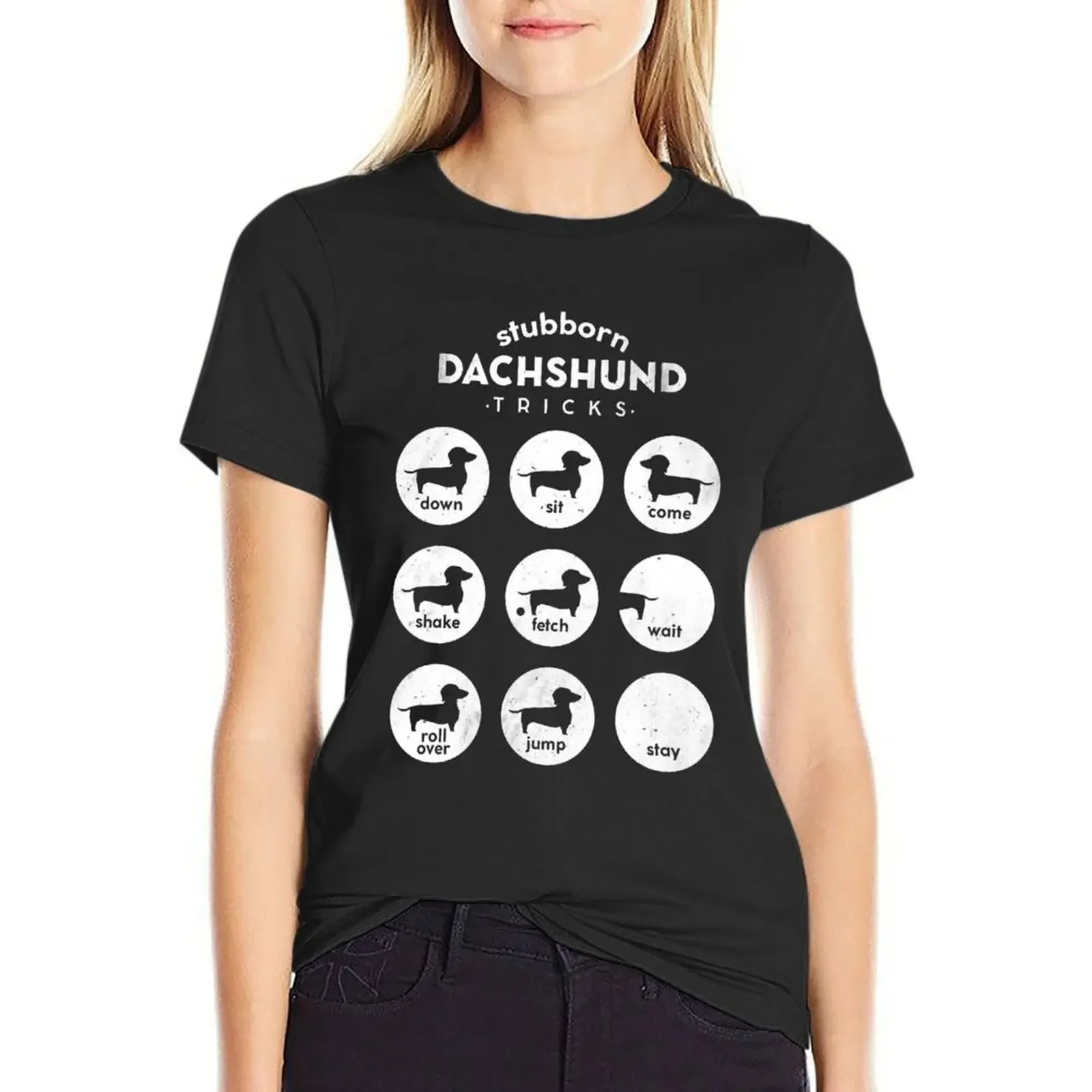 

Stubborn Dachshund Tricks Chart T-Shirt oversized customizeds tees Woman clothes