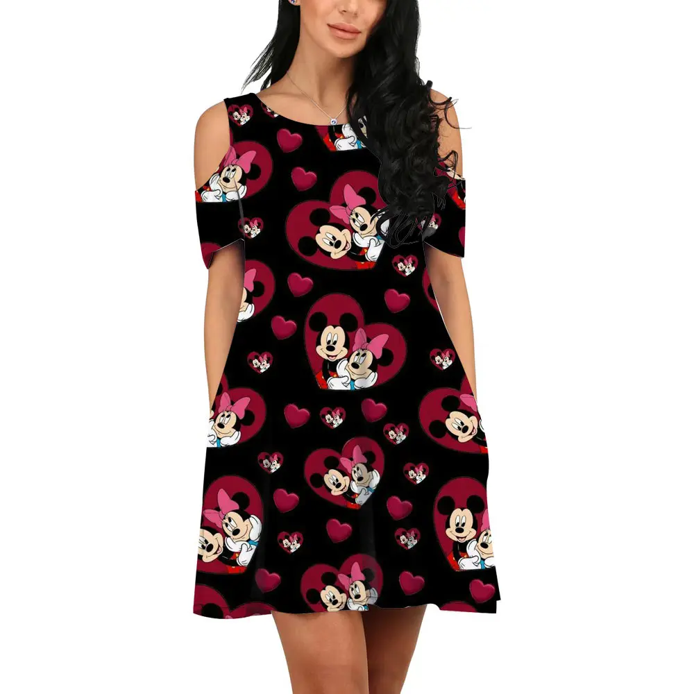 

2022 Summer New Harajuku Style Disney Kawaii Mickey Minnie Anime Ladies Casual Round Neck 3D Print Sexy Off Shoulder Dress Y2K