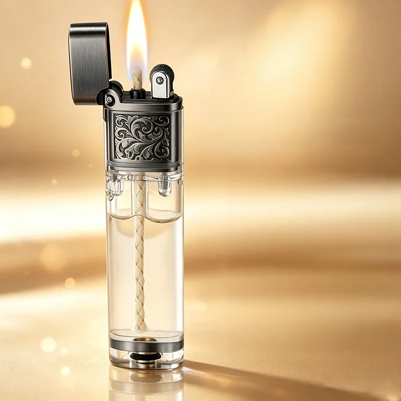 Transparent Visible Fuel Tank Kero Lighter Vintage Carved Metal Top Flint Ignition Refillable Retro Collectible Gift