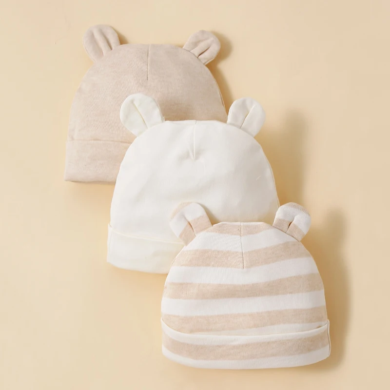 3 Pieces Unisex Baby Hats Apricot 100% Cotton Soft Comfortable Fashionable and Minimalist 0-12 Month