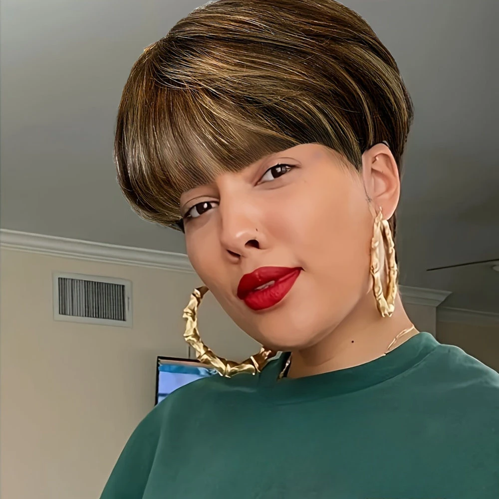 ピクシーカットストレート人毛ウィッグ レディース P4/27 カラー フルマシンメイド ショートレイヤードストレートウィッグ 前髪付き 6インチ