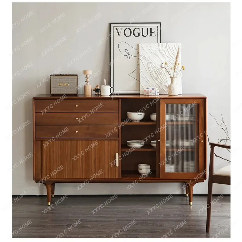 XXRetro Sideboard Cabinet Solid Wood Simple Walnut Color Storage Entryway Full Solid Wood Chest of Drawers