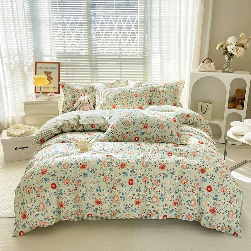 

Pastoral Floral Style Duvet Cover Set Cotton Bedding Set Bedroom Comfortable Skin-friendly Zipper Quilt Cover with 2 Pillowcases