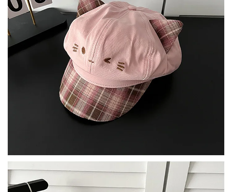 Niedliche Katzenohren Newsboy-Mütze für Damen, Alltags-Casual Baker Boy Cap, Street Snap, Kawaii Katzen-Gesichts-Stickerei, süße Mädchen-Karo-Krempe, Reisemütze – Detail 9