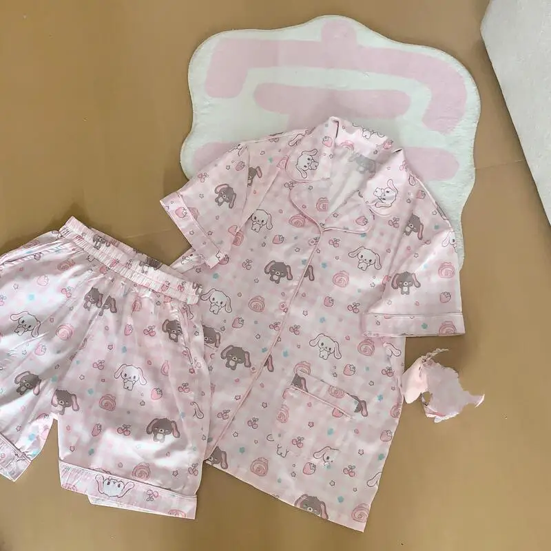 

Японский милый женский комплект для дома: летняя пижама с коротким рукавом и шортами, с мультяшным принтом животных, модный студенческий стиль, с отложным воротником, милый дизайн.