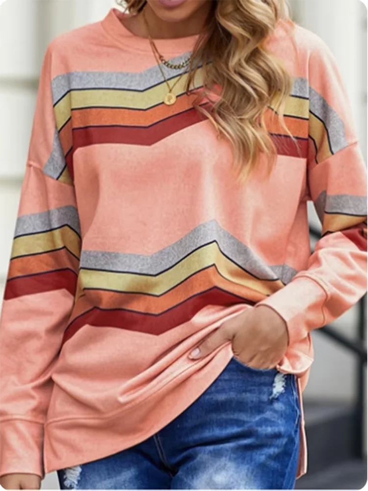 

Loose Round Neck Long Sleeved Color Blocked Striped Printed Women's T-shirt Daily Versatile Party Casual Autumn Top