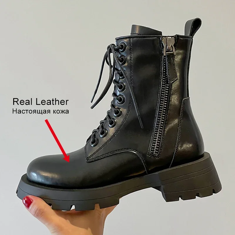 JOZHAMTA Size 34-40 Women Ankle Boots Ins Fashion Genuine Leather Thick Heels Women Winter 2023 Platform Boots Lace-Up Zip Shoes